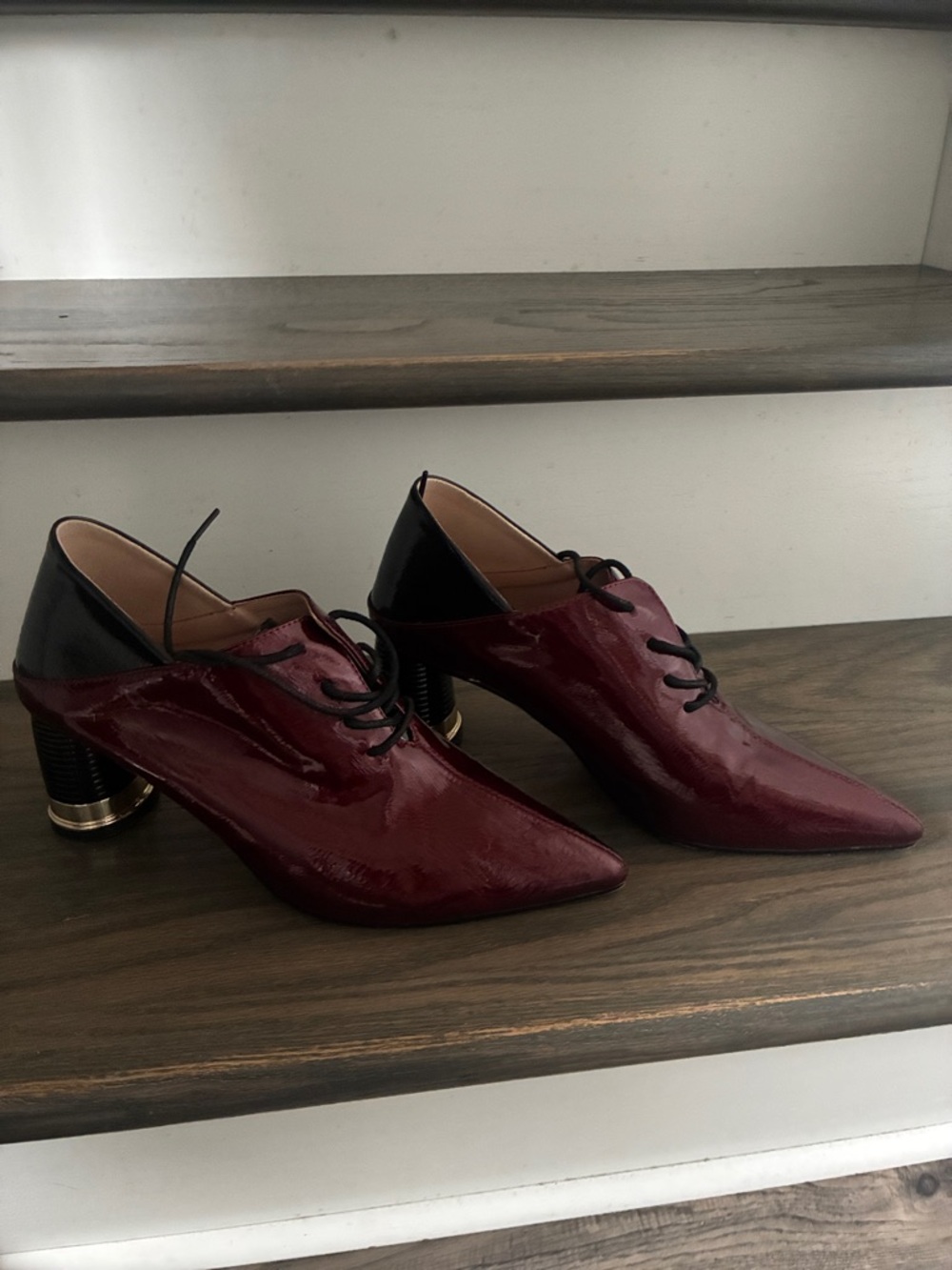 Patent Lace-Up Pointed Heels in Burgundy and Black- brand TinaCus